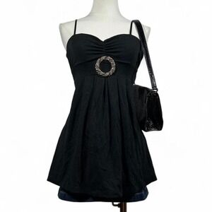 Y2K Ruched Silver Ring Babydoll Top Goth Alt Tie Waist Womens S